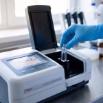 espectrofotometría UV-Vis: espectrofotómetro de banco midiendo una muestra en cubeta de cuarzo
