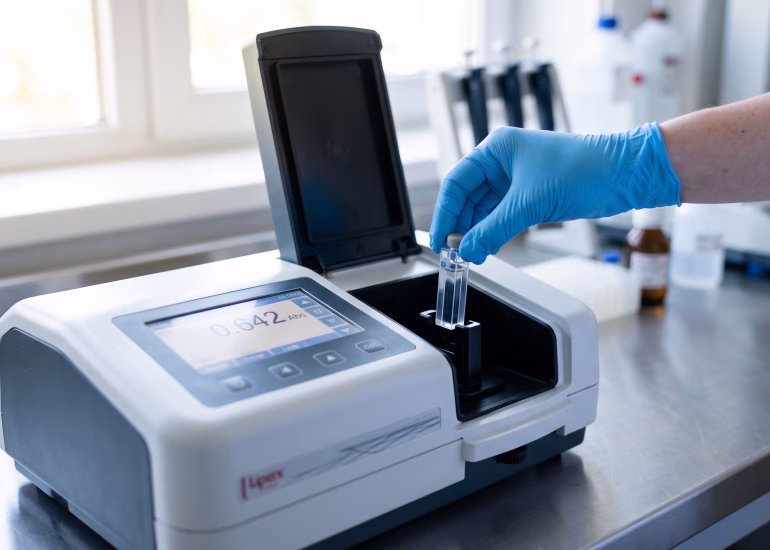 espectrofotometría UV-Vis: espectrofotómetro de banco midiendo una muestra en cubeta de cuarzo