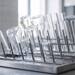 limpieza de vidriería: material de laboratorio limpio secándose invertido sobre una rejilla
