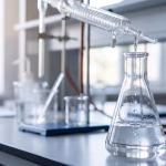 destilador de agua de laboratorio en funcionamiento sobre mesón