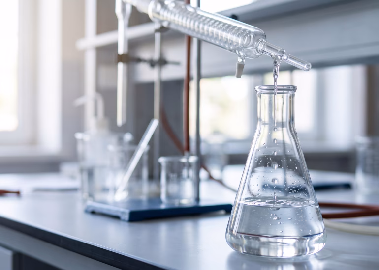 destilador de agua de laboratorio en funcionamiento sobre mesón