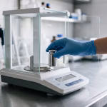 balanza analítica de laboratorio durante proceso de calibración con pesas patrón