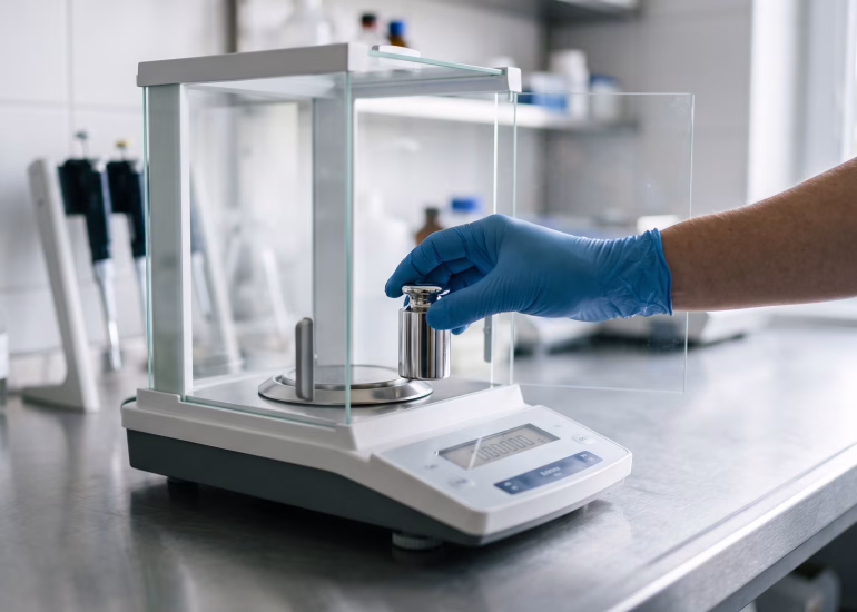 balanza analítica de laboratorio durante proceso de calibración con pesas patrón