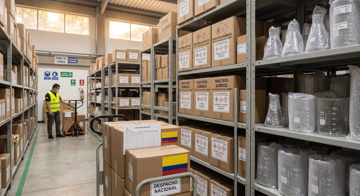 Distribución de insumos de laboratorio cajas de reactivos y vidriería listas para despacho en bodega
