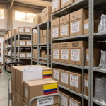 Distribución de insumos de laboratorio cajas de reactivos y vidriería listas para despacho en bodega