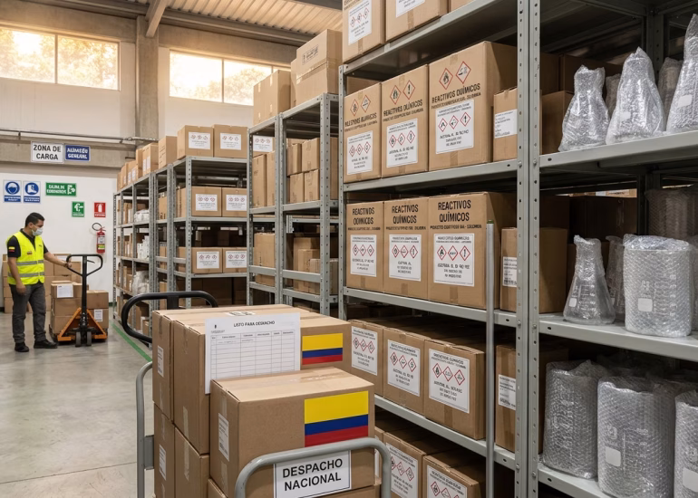 Distribución de insumos de laboratorio cajas de reactivos y vidriería listas para despacho en bodega