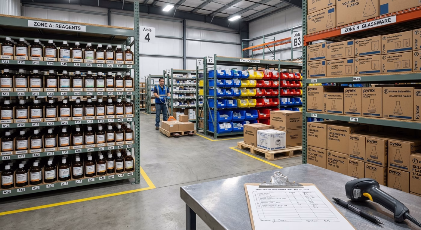 Rotación de inventario en bodega de insumos de laboratorio con estanterías de reactivos, vidriería y equipos