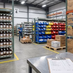 Rotación de inventario en bodega de insumos de laboratorio con estanterías de reactivos, vidriería y equipos