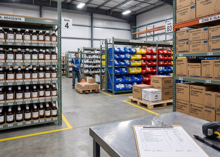 Rotación de inventario en bodega de insumos de laboratorio con estanterías de reactivos, vidriería y equipos