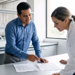 Venta consultiva de insumos de laboratorio asesor revisando ficha técnica y certificado de análisis con un cliente
