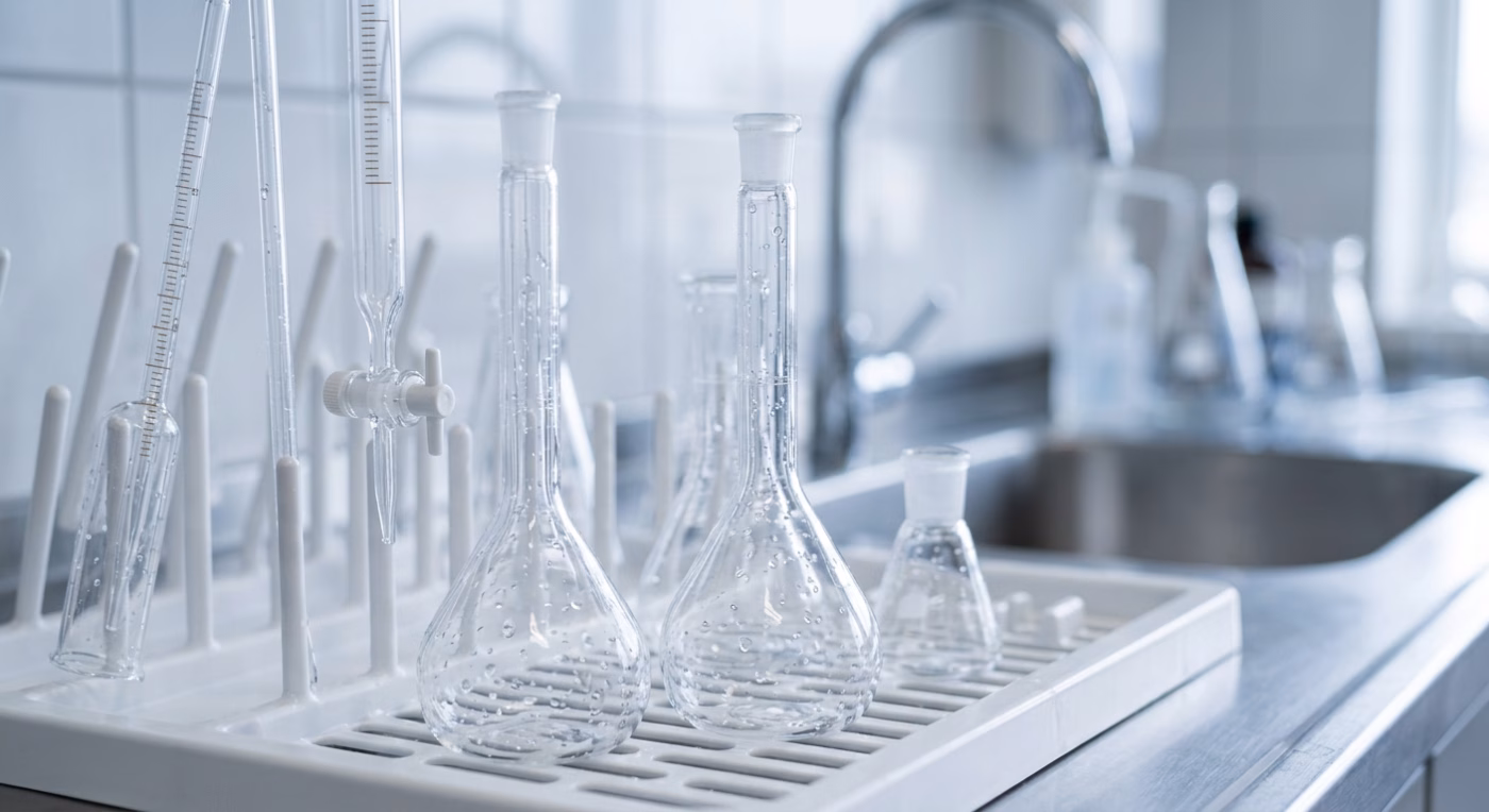 Vidrio de borosilicato 3.3 escurriendo en gradilla tras el protocolo de lavado