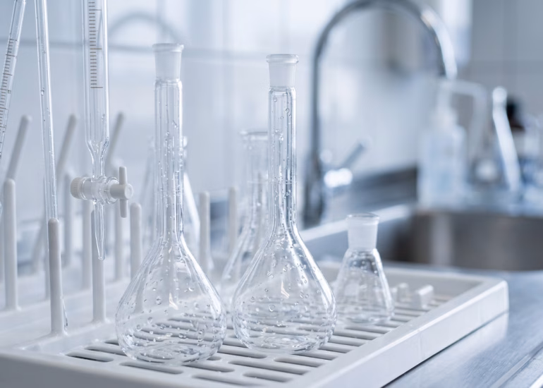 Vidrio de borosilicato 3.3 escurriendo en gradilla tras el protocolo de lavado