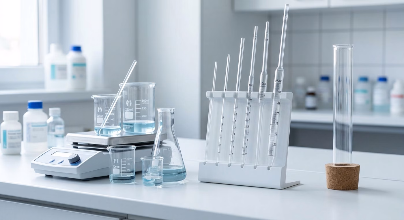 Vidrio de laboratorio de borosilicato 3.3 sobre plancha de calentamiento junto a pipetas de vidrio sodocálcico