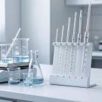 Vidrio de laboratorio de borosilicato 3.3 sobre plancha de calentamiento junto a pipetas de vidrio sodocálcico