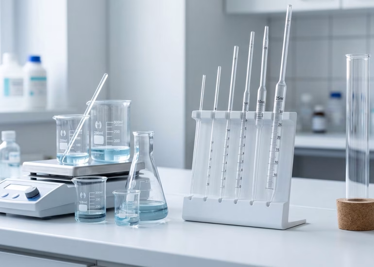 Vidrio de laboratorio de borosilicato 3.3 sobre plancha de calentamiento junto a pipetas de vidrio sodocálcico
